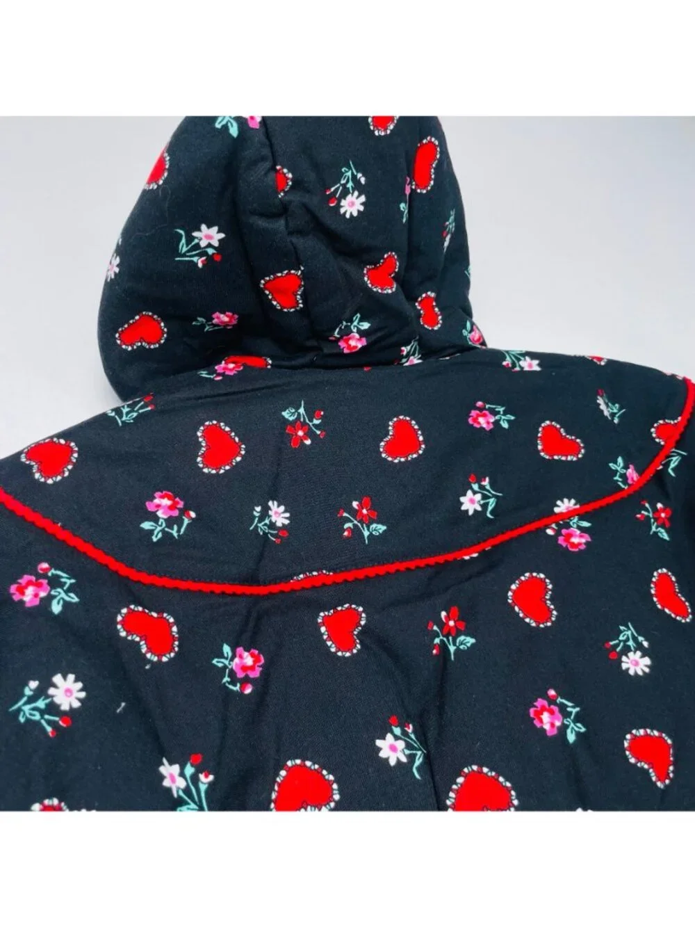 Vintage Baby Girls Black + Red Heart + Floral Print Winter Puffer Coat 12m